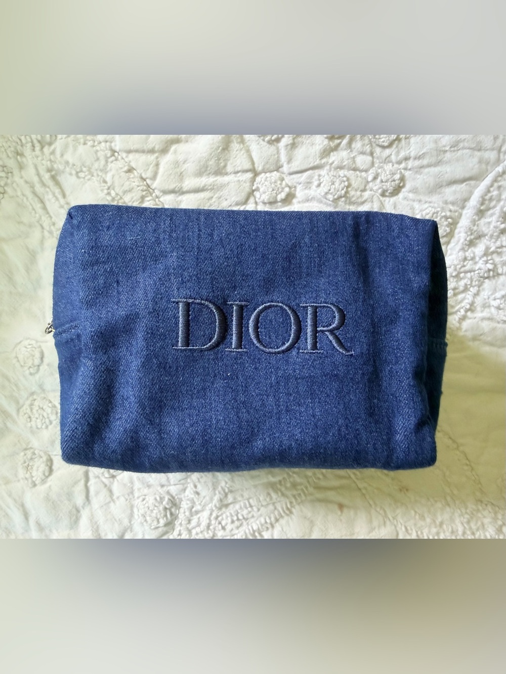 NEW Dior Denim Cosmetic Pouch w Silver Hardware & Silver Star Zipper Pull
